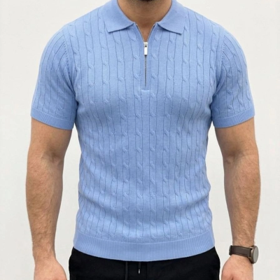 Erkek Yazlık Triko Saç Örgü Tişört Kısa Kol Polo Yaka Fermuarlı T-Shirt - Bebe Mavisi