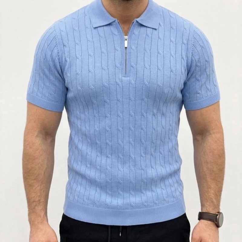 Erkek Yazlık Triko Saç Örgü Tişört Kısa Kol Polo Yaka Fermuarlı T-Shirt - Bebe Mavisi