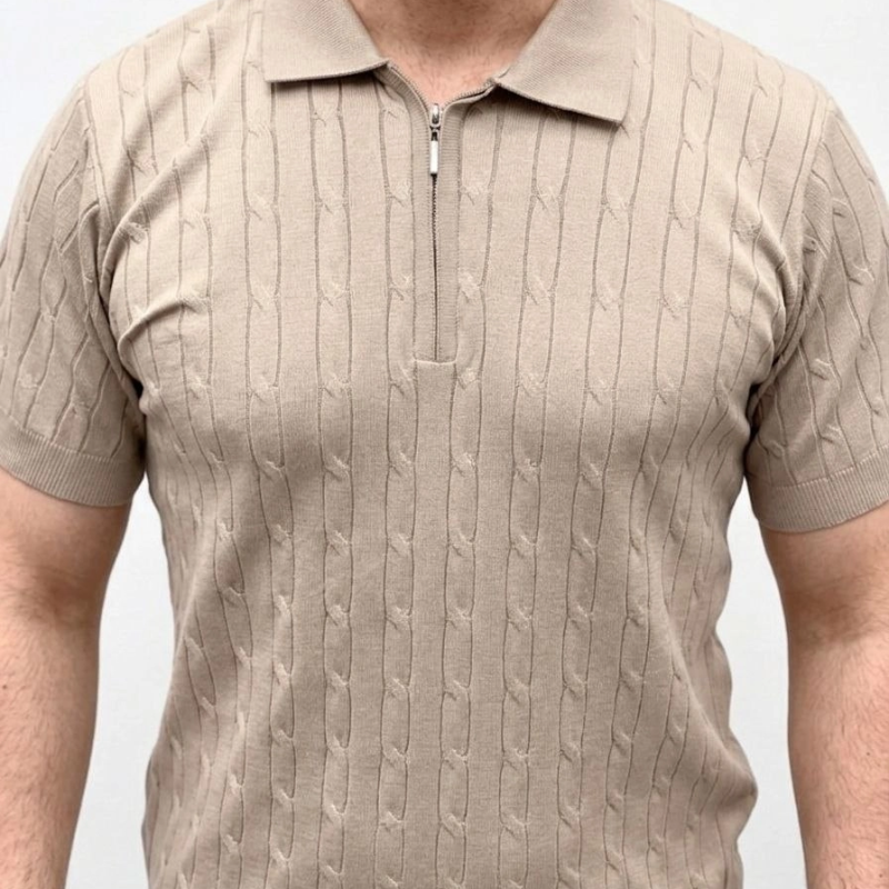 Erkek Yazlık Triko Saç Örgü Tişört Kısa Kol Polo Yaka Fermuarlı T-Shirt - Bej