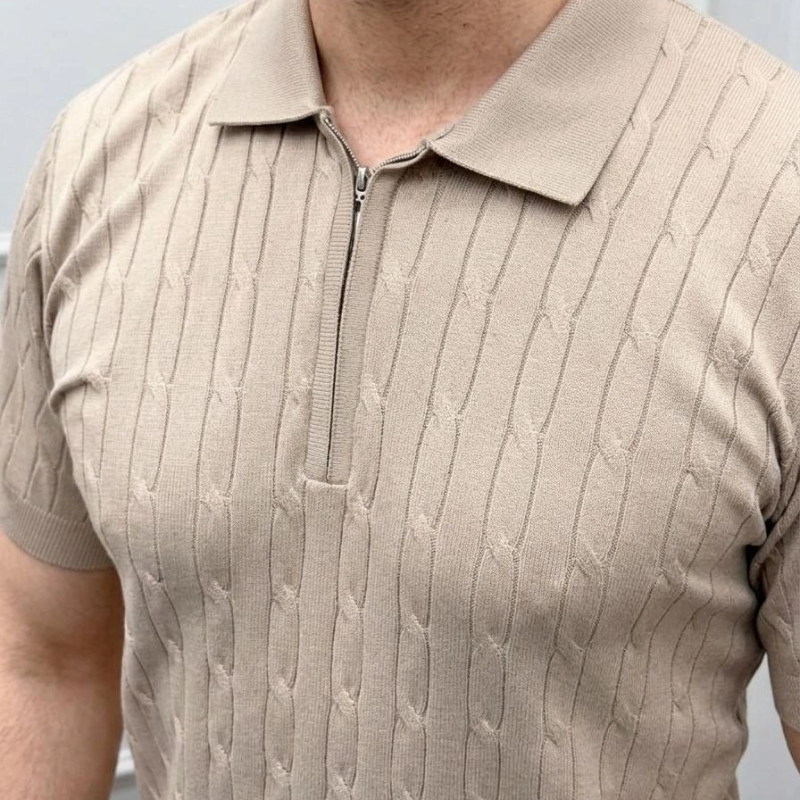 Erkek Yazlık Triko Saç Örgü Tişört Kısa Kol Polo Yaka Fermuarlı T-Shirt - Bej