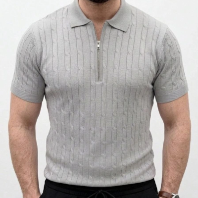 Erkek Yazlık Triko Saç Örgü Tişört Kısa Kol Polo Yaka Fermuarlı T-Shirt - Gri