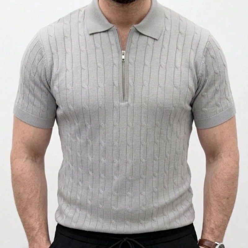 Erkek Yazlık Triko Saç Örgü Tişört Kısa Kol Polo Yaka Fermuarlı T-Shirt - Gri
