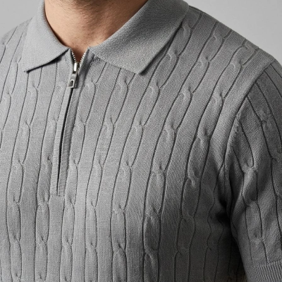 Erkek Yazlık Triko Saç Örgü Tişört Kısa Kol Polo Yaka Fermuarlı T-Shirt - Gri