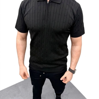 Erkek Yazlık Triko Saç Örgü Tişört Kısa Kol Polo Yaka Fermuarlı T-Shirt - Siyah