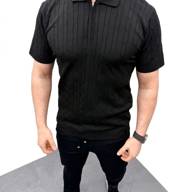 Erkek Yazlık Triko Saç Örgü Tişört Kısa Kol Polo Yaka Fermuarlı T-Shirt - Siyah