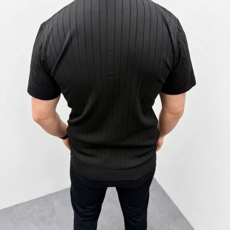 Erkek Yazlık Triko Saç Örgü Tişört Kısa Kol Polo Yaka Fermuarlı T-Shirt - Siyah