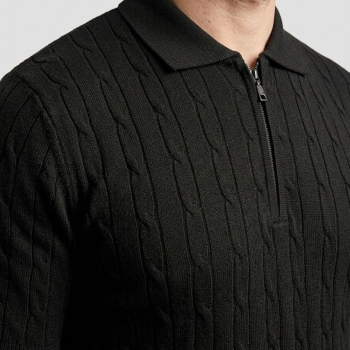 Erkek Yazlık Triko Saç Örgü Tişört Kısa Kol Polo Yaka Fermuarlı T-Shirt - Siyah