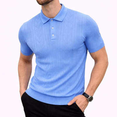 Erkek Yazlık Triko Tişört Kısa Kol Polo Yaka Düğmeli T-Shirt - Bebek Mavisi