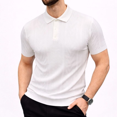 Erkek Yazlık Triko Tişört Kısa Kol Polo Yaka Düğmeli T-Shirt - Beyaz
