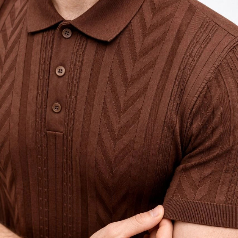 Erkek Yazlık Triko Tişört Kısa Kol Polo Yaka Düğmeli T-Shirt - Kahverengi