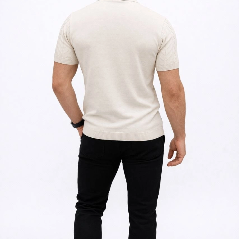 Erkek Yazlık Triko Tişört Kısa Kol Polo Yaka Düğmeli T-Shirt - Krem