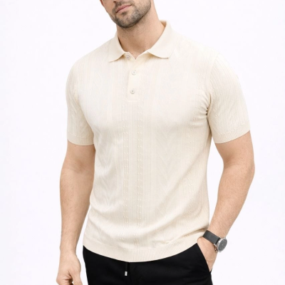 Erkek Yazlık Triko Tişört Kısa Kol Polo Yaka Düğmeli T-Shirt - Krem