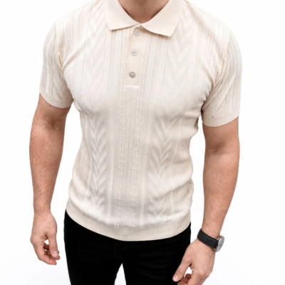 Erkek Yazlık Triko Tişört Kısa Kol Polo Yaka Düğmeli T-Shirt - Krem