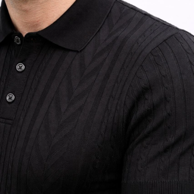 Erkek Yazlık Triko Tişört Kısa Kol Polo Yaka Düğmeli T-Shirt - Siyah