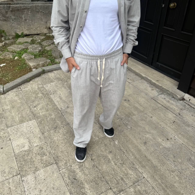 Fitilli Kadife Cepli Buggy Pantolon Oversize Rahat Kalıp - Gri