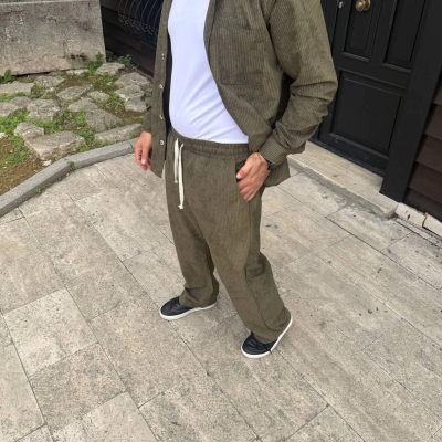 Fitilli Kadife Cepli Buggy Pantolon Oversize Rahat Kalıp - Haki