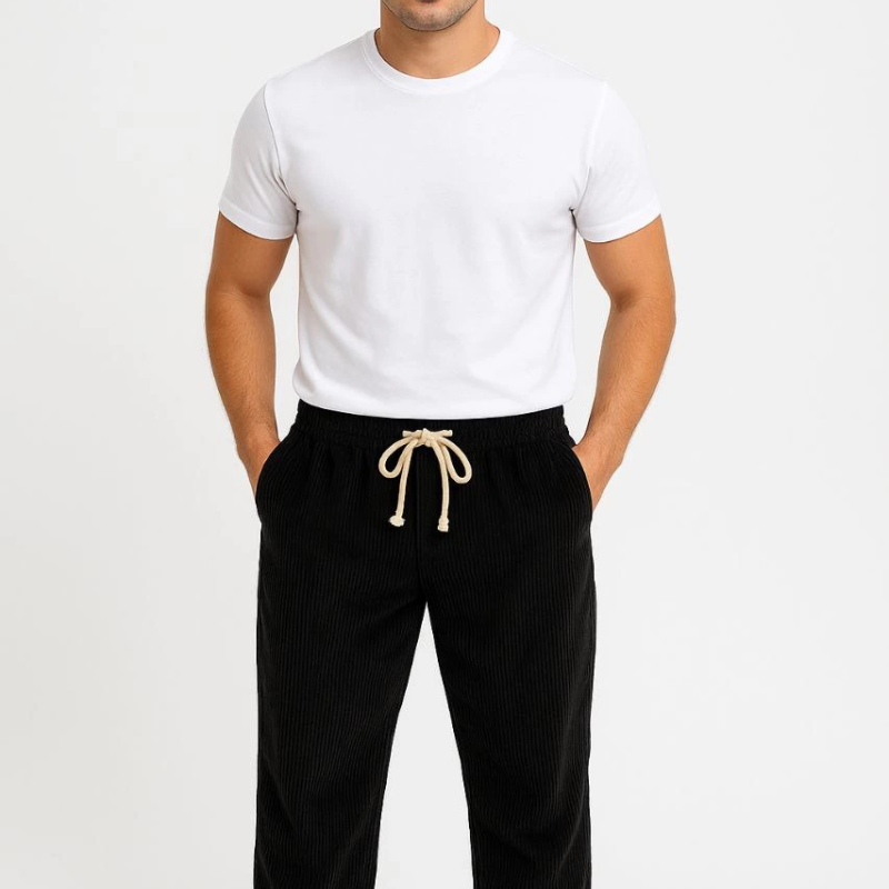 Fitilli Kadife Cepli Buggy Pantolon Oversize Rahat Kalıp - Siyah