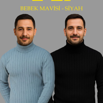 Fitilli Triko Kazak 2'li Set Bebek Mavisi Siyah Regular Balıkcı Yaka Tam Boğazlı Triko Seti Modeli Kazak