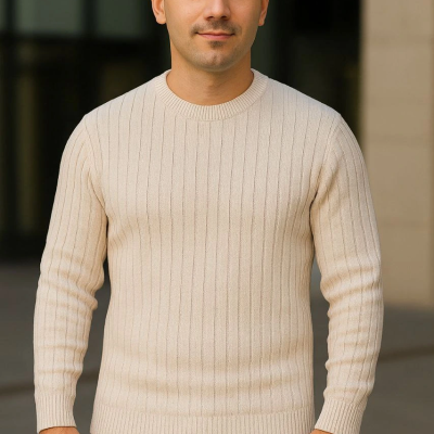 Fitilli Triko Kazak 2’li Set – Bej  Beyaz, Kalın Dokuma Pamuklu Regular Fit Bisiklet Yaka Uzun Kollu Rahat Kışlık Kazak Kombini