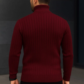 Fitilli Triko Kazak 2'li Set Bordo Siyah Regular Balıkcı Yaka Tam Boğazlı Triko Seti Modeli Kazak