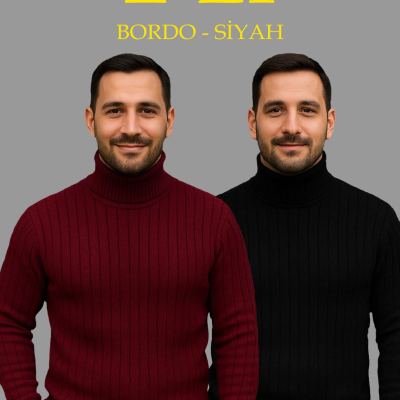 Fitilli Triko Kazak 2'li Set Bordo Siyah Regular Balıkcı Yaka Tam Boğazlı Triko Seti Modeli Kazak