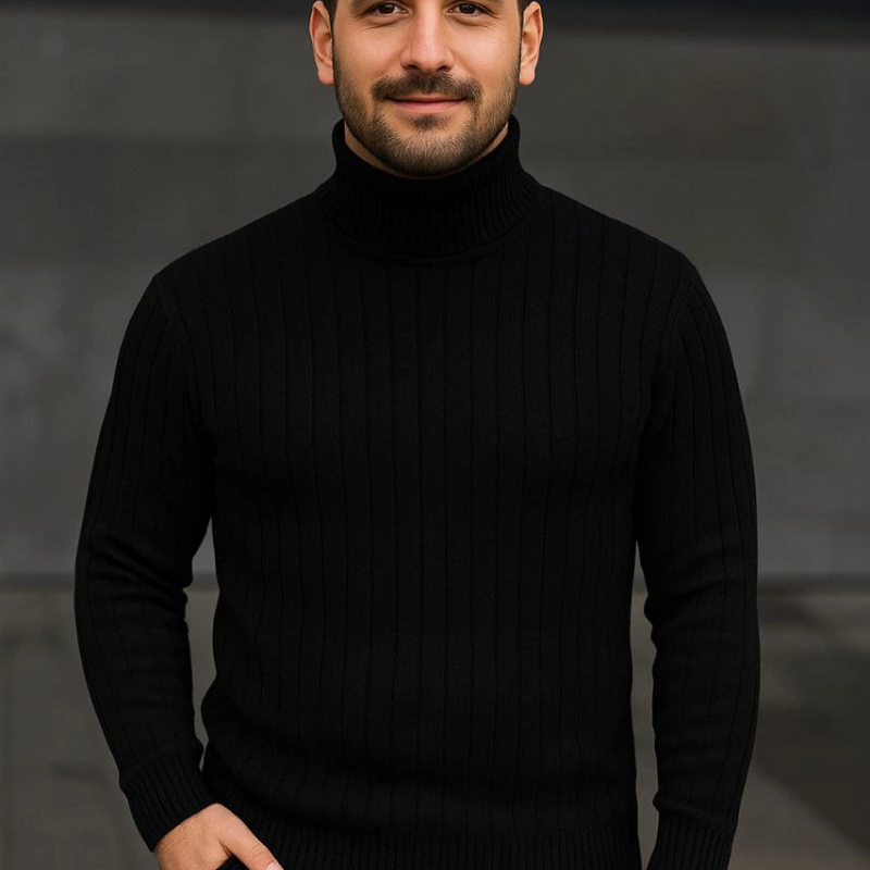 Fitilli Triko Kazak 2'li Set Bordo Siyah Regular Balıkcı Yaka Tam Boğazlı Triko Seti Modeli Kazak