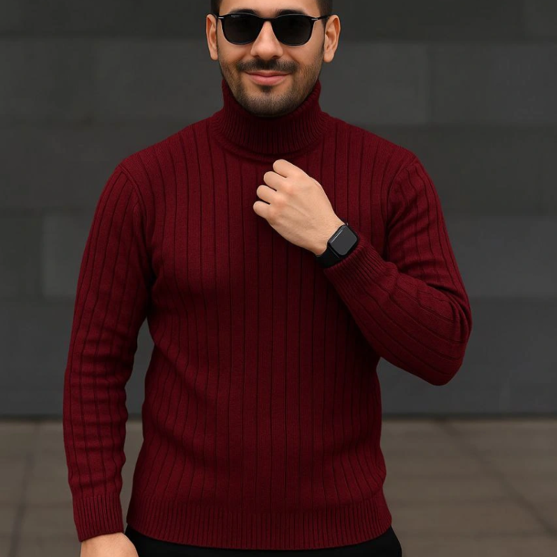 Fitilli Triko Kazak 2'li Set Bordo Siyah Regular Balıkcı Yaka Tam Boğazlı Triko Seti Modeli Kazak