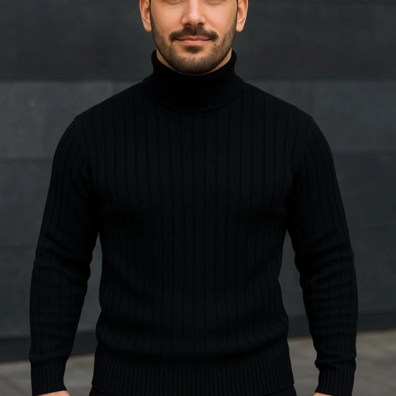 Fitilli Triko Kazak 2'li Set Gri Siyah Regular Balıkcı Yaka Tam Boğazlı Triko Seti Modeli Kazak