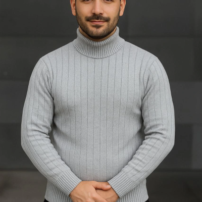 Fitilli Triko Kazak 2'li Set Gri Siyah Regular Balıkcı Yaka Tam Boğazlı Triko Seti Modeli Kazak