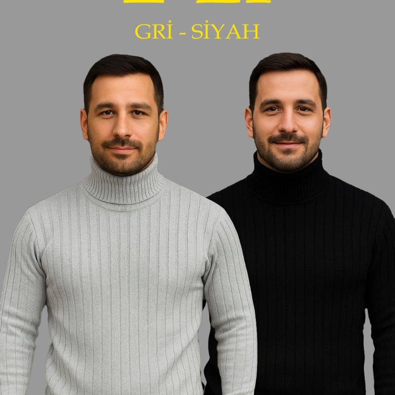 Fitilli Triko Kazak 2'li Set Gri Siyah Regular Balıkcı Yaka Tam Boğazlı Triko Seti Modeli Kazak