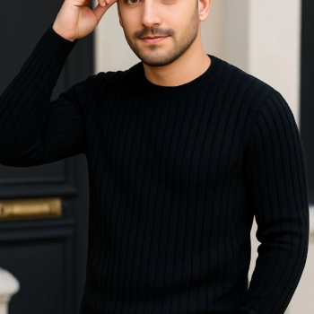 Fitilli Triko Kazak 2’li Set – Siyah  Beyaz, Kalın Dokuma Pamuklu Regular Fit Bisiklet Yaka Uzun Kollu Rahat Kışlık Kazak Kombini