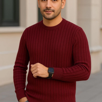 Fitilli Triko Kazak 2’li Set – Siyah  Bordo, Kalın Dokuma Pamuklu Regular Fit Bisiklet Yaka Uzun Kollu Rahat Kışlık Kazak Kombini