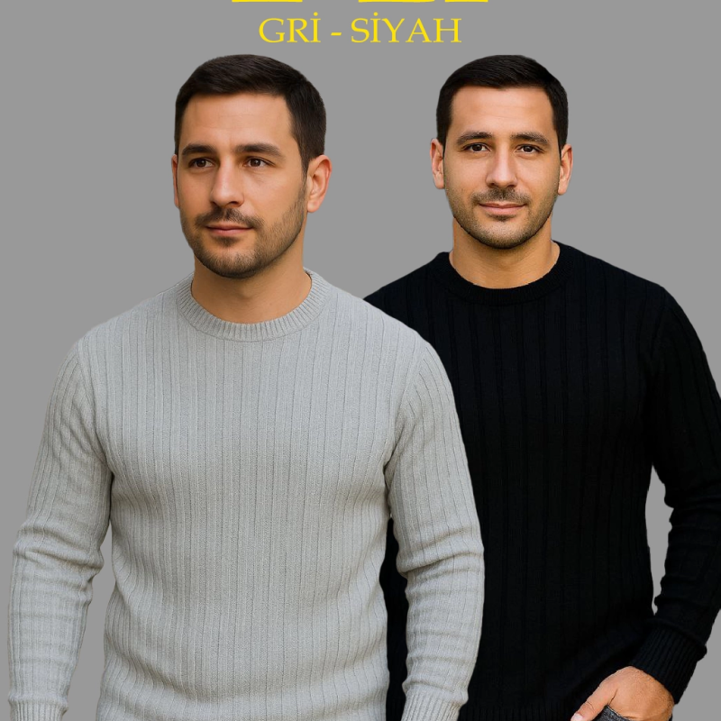 Fitilli Triko Kazak 2’li Set – Siyah  Gri, Kalın Dokuma Pamuklu Regular Fit Bisiklet Yaka Uzun Kollu Rahat Kışlık Kazak Kombini