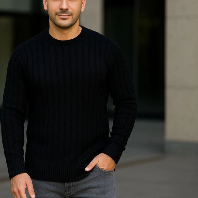 Fitilli Triko Kazak 3’lü Set – Bej, Bebek Mavisi, Siyah | Kalın Dokuma Pamuklu Regular Fit Bisiklet Yaka Uzun Kollu Kışlık ve Baharlık Rahat Triko Kombini