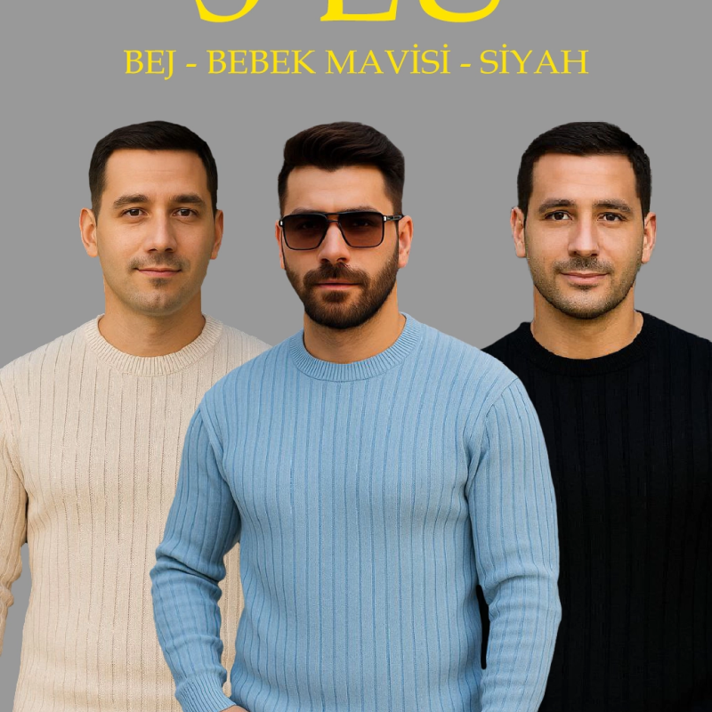 Fitilli Triko Kazak 3’lü Set – Bej, Bebek Mavisi, Siyah | Kalın Dokuma Pamuklu Regular Fit Bisiklet Yaka Uzun Kollu Kışlık ve Baharlık Rahat Triko Kombini