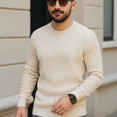 Fitilli Triko Kazak 3’lü Set – Bej, Beyaz, Siyah | Kalın Dokuma Pamuklu Regular Fit Bisiklet Yaka Uzun Kollu Kışlık ve Baharlık Rahat Triko Kombini