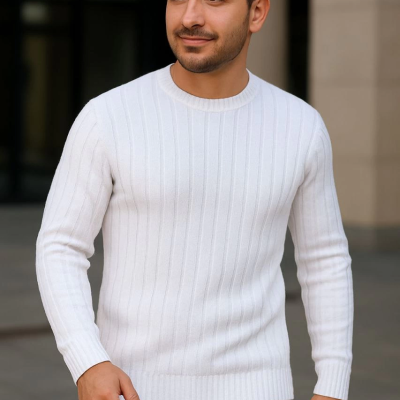 Fitilli Triko Kazak 3’lü Set – Bej, Beyaz, Siyah | Kalın Dokuma Pamuklu Regular Fit Bisiklet Yaka Uzun Kollu Kışlık ve Baharlık Rahat Triko Kombini