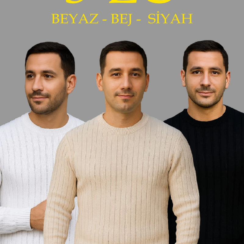 Fitilli Triko Kazak 3’lü Set – Bej, Beyaz, Siyah | Kalın Dokuma Pamuklu Regular Fit Bisiklet Yaka Uzun Kollu Kışlık ve Baharlık Rahat Triko Kombini