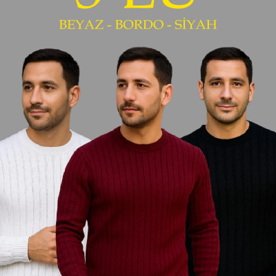 Fitilli Triko Kazak 3’lü Set – Beyaz, Bordo, Siyah | Kalın Dokuma Pamuklu Regular Fit Bisiklet Yaka Uzun Kollu Kışlık ve Baharlık Rahat Triko Kombini