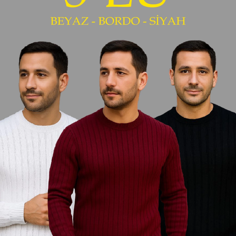 Fitilli Triko Kazak 3’lü Set – Beyaz, Bordo, Siyah | Kalın Dokuma Pamuklu Regular Fit Bisiklet Yaka Uzun Kollu Kışlık ve Baharlık Rahat Triko Kombini