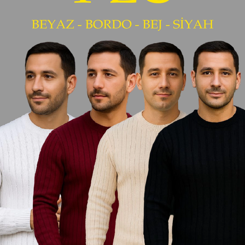 Fitilli Triko Kazak 4’lü Set – Beyaz, Bordo, Gri, Siyah | Kalın Dokuma Pamuklu Regular Fit Bisiklet Yaka Uzun Kollu Kışlık ve Baharlık Rahat Triko Kombini