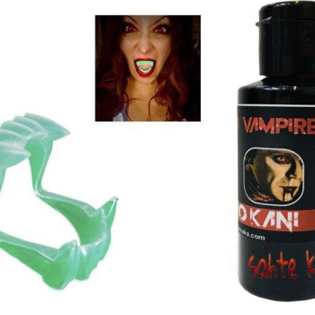 Fosforlu Çift Damak Takma Vampir Dişi ve 50 gr Tiyatro Kanı Set