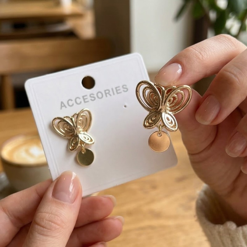 Füsun Küpesi Model Gold Renk Kelebek Model Pirinç Kadın Küpe