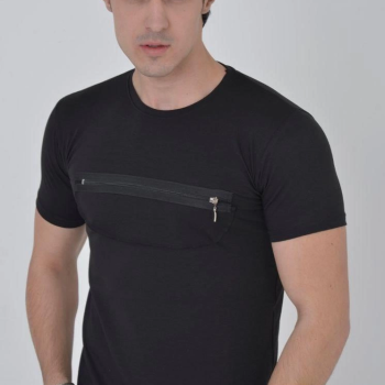 Göğüste Fermuar Aksesuarlı Dar Kalıp T-Shirt - Siyah -