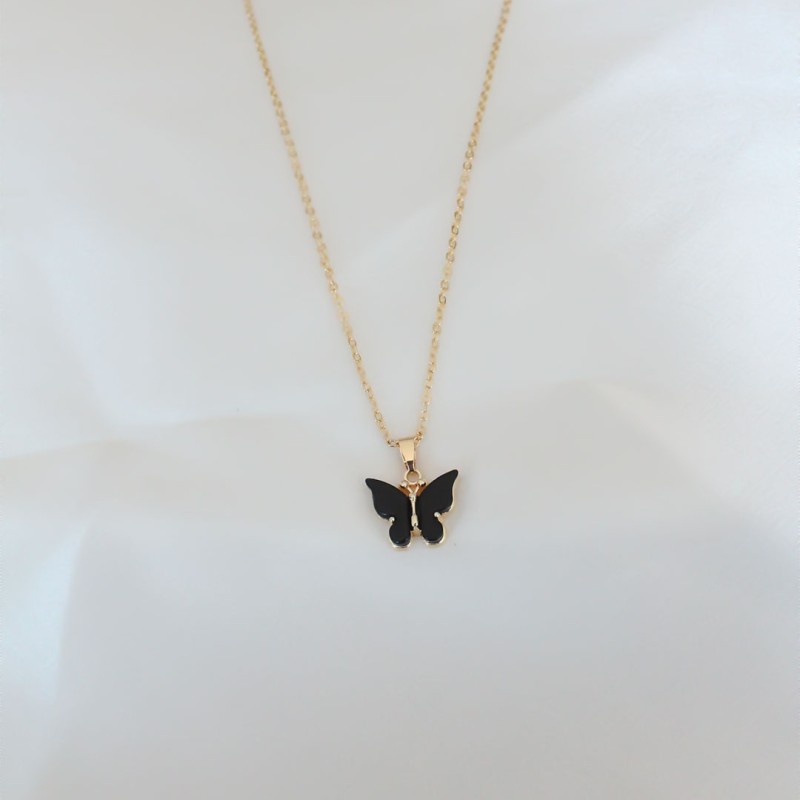 Gold Kaplama Siyah Renkli Sedefli Kelebek Kolye