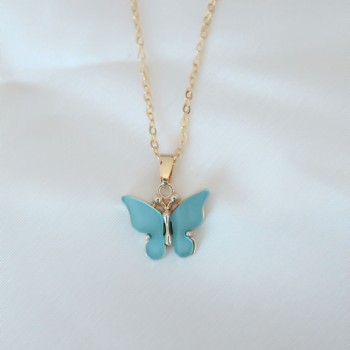 Gold Kaplama Turkuaz Renk Sedefli Kelebek Kolye