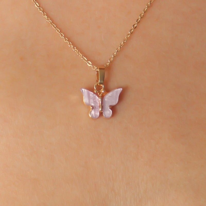 Gold Lila Renk Kelebek Figür Kadın Kolye