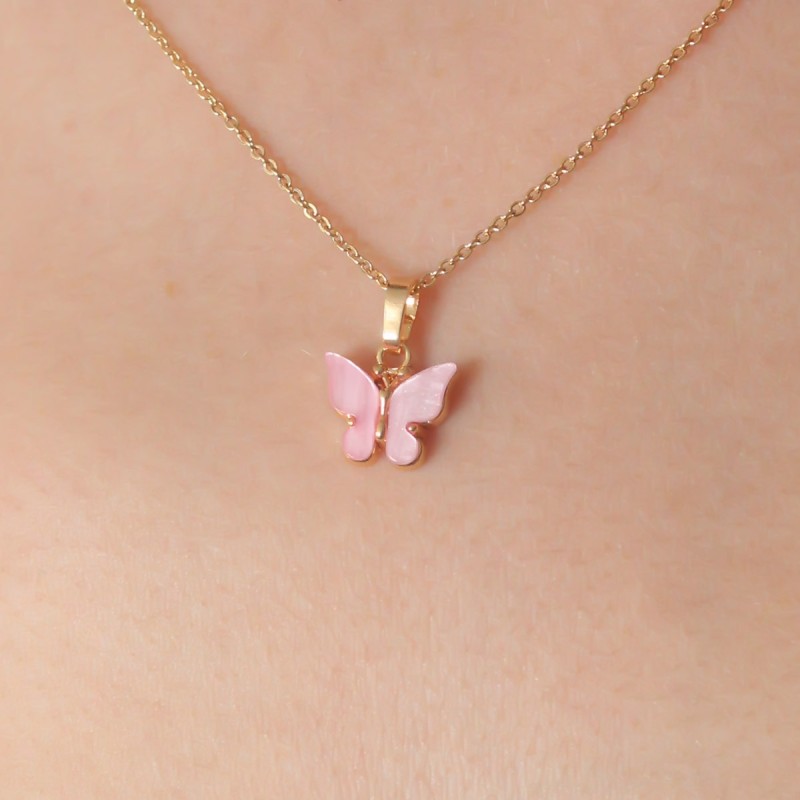 Gold Pembe Renk Kelebek Figür Kadın Kolye