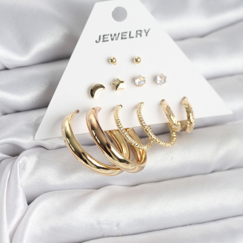 Gold Renk 6 Çiftli Pirinç Kadın Küpe Seti