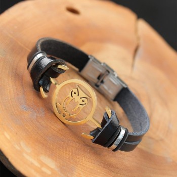 Gold Renk Baykuşlu Metal Aksesuarlı Siyah Renk Deri Erkek Bileklik